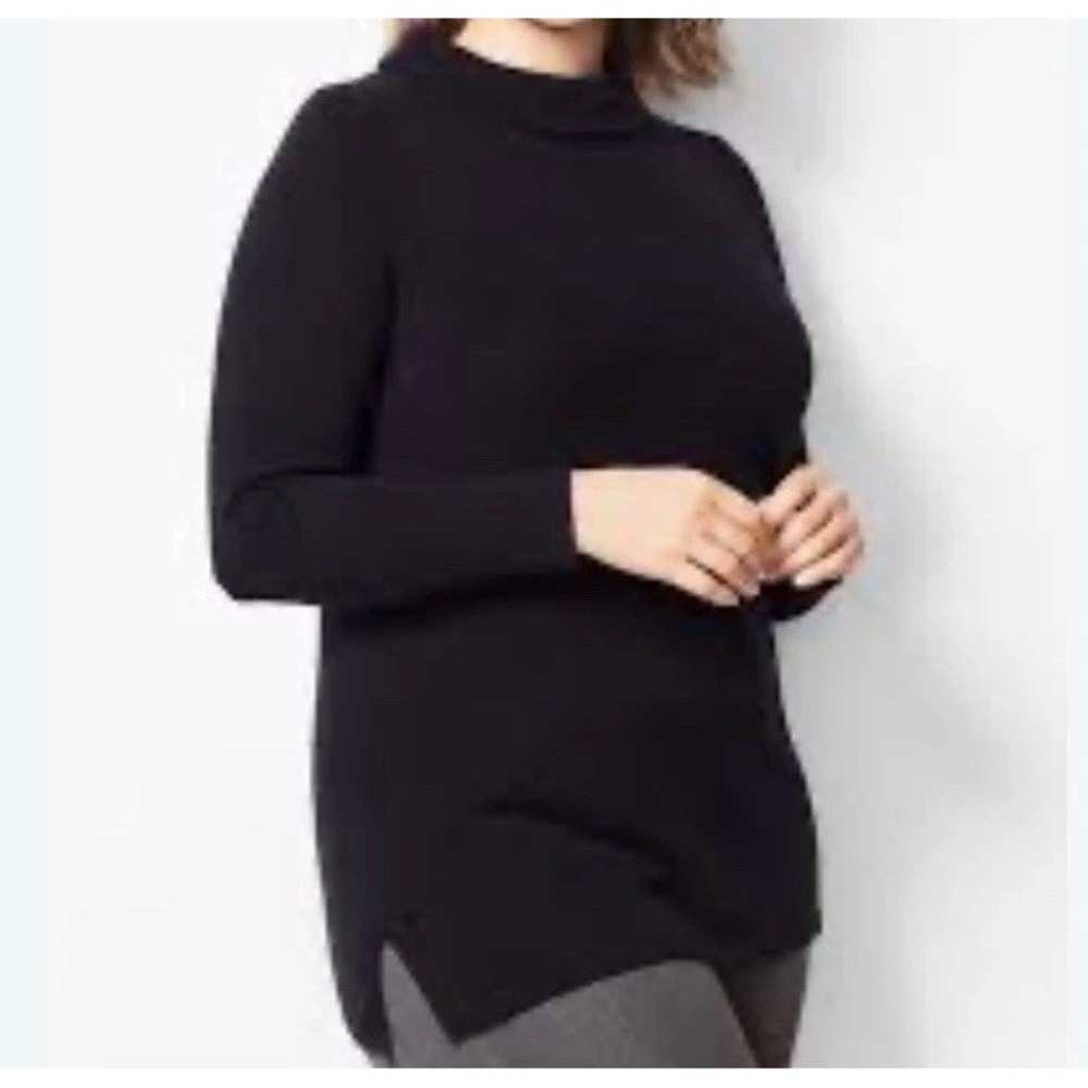 Talbots Sabrina Pure 100% Cashmere Sweater Women XL Black Roll Mock Neck Slits